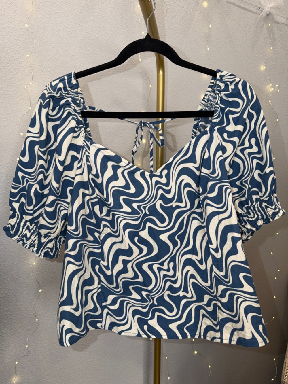 Ava & Viv Top Smock Back Blouse Puff Elbow Sleeves Blue Cream Plus Size 14W
